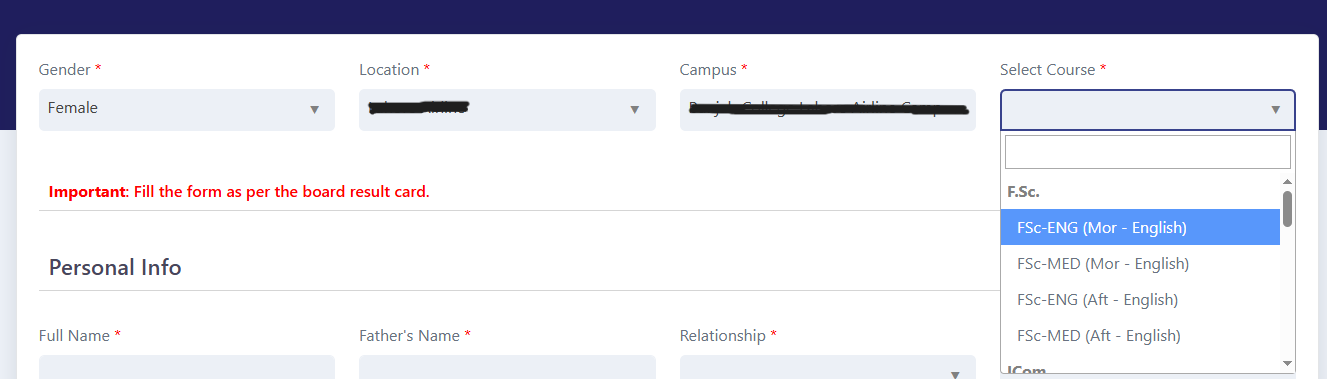Steps to fill PGC Online Admission Form